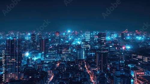 A view of a city's skyline at night from a high-rise building, suitable for use in urban planning or architectural projects