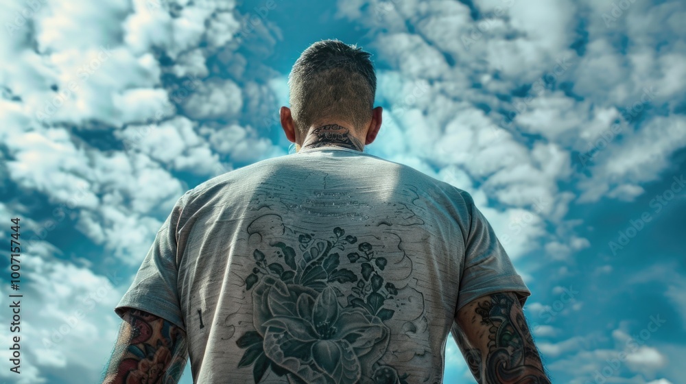 A person with tattoos standing in front of a cloudy sky, great for use as a symbol or illustration A person with tattoos standing in front of a cloudy sky, great for use as a symbol or illustration