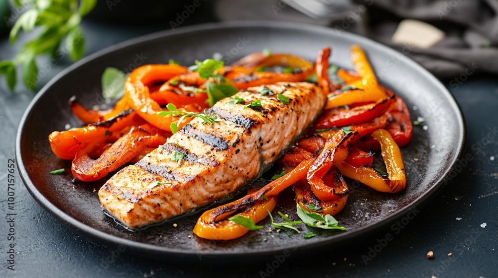 A delicate plate of grilled salmon with a side of roasted bell peppers, placed on a dark ceramic dish with soft natural lighting A delicate plate of grilled salmon with a side of roasted bell peppers, placed on a dark ceramic dish with soft natural lighting