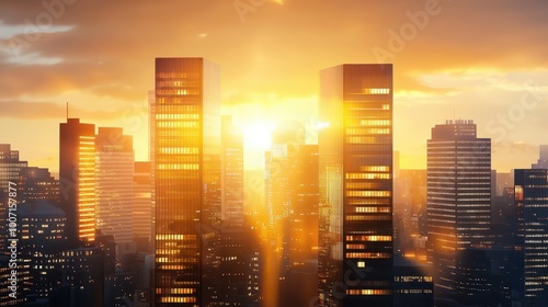 Fototapeta Naklejka Na Ścianę i Meble -  Evening city skyline with golden sunset hues, reflected on glass skyscrapers and casting a warm glow over the urban landscape