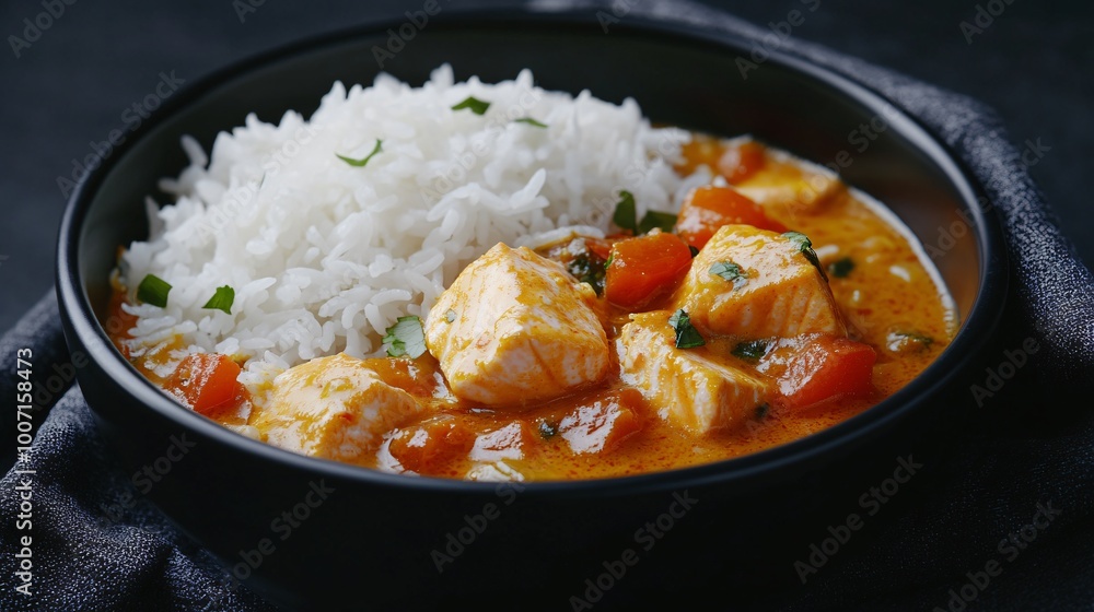 A rich, spicy salmon curry served in a black ceramic bowl, with a side of fragrant jasmine rice against a dark backdrop A rich, spicy salmon curry served in a black ceramic bowl, with a side of fragrant jasmine rice against a dark backdrop