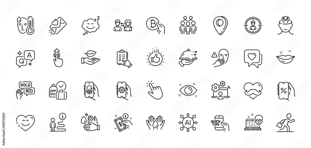 Checklist, Lips and Bid offer line icons pack. AI, Question and Answer, Map pin icons. Health eye, Safe water, People communication web icon. Cyber attack, Online job, Dont touch pictogram. Vector Checklist, Lips and Bid offer line icons pack. AI, Question and Answer, Map pin icons. Health eye, Safe water, People communication web icon. Cyber attack, Online job, Dont touch pictogram. Vector