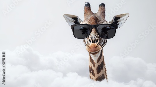 It's funny to see a giraffe with sunglasses coming out of the clouds