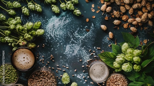 a collection of beer ingredients including malt, hops, and yeast on a table