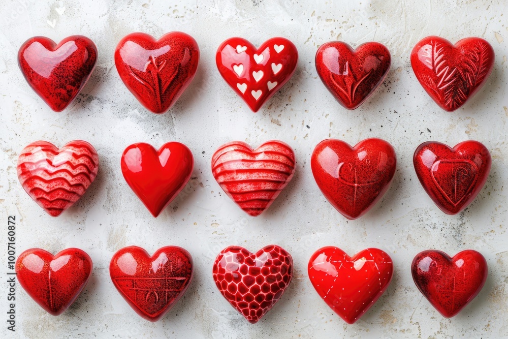 Fototapeta premium Group of red hearts arranged on a table, perfect for romantic occasions or Valentine's Day decorations