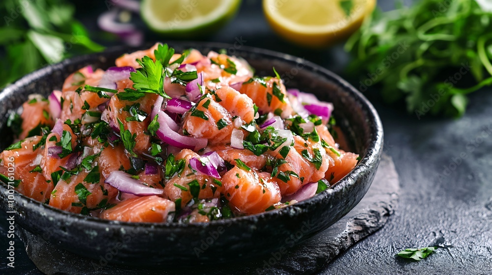 Salmon ceviche with citrus marinade and red onion, styled on a dark stone dish with contrasting fresh herbs Salmon ceviche with citrus marinade and red onion, styled on a dark stone dish with contrasting fresh herbs