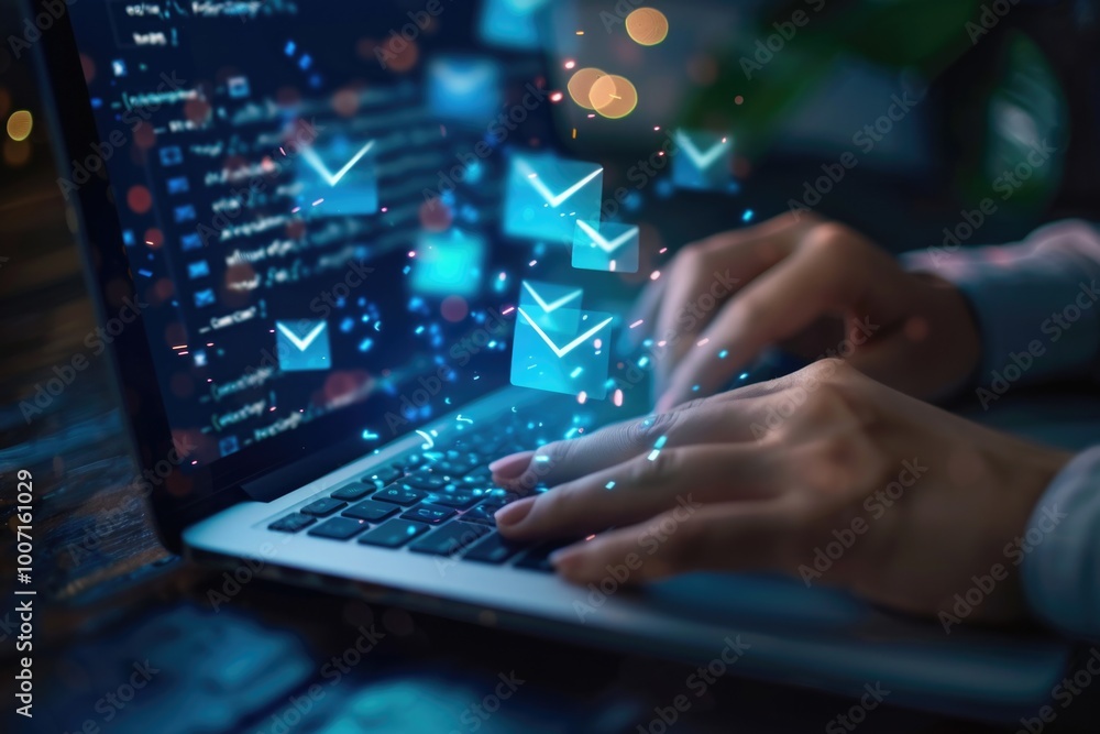 A person working on their laptop, surrounded by email icons appearing on the screen A person working on their laptop, surrounded by email icons appearing on the screen