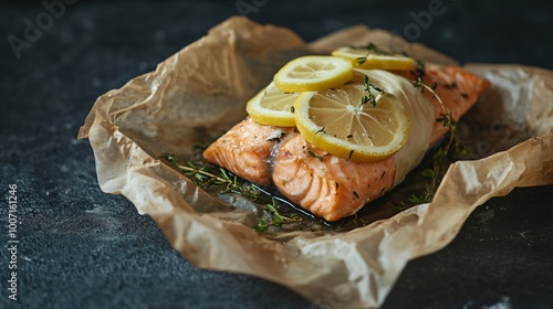 Salmon fillet en papillote, wrapped in parchment with lemon slices and herbs, styled against a dark textured stone background photo