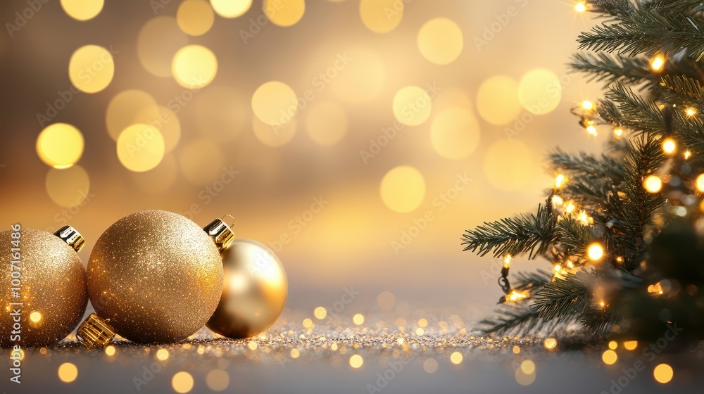Glittering gold Christmas ornaments, adorned with intricate detailing, on a holiday tree surrounded by warm, glowing lights. Glittering gold Christmas ornaments, adorned with intricate detailing, on a holiday tree surrounded by warm, glowing lights.