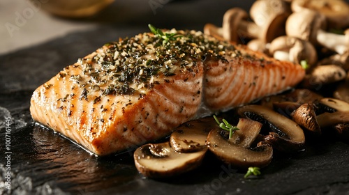 Salmon fillet with a garlic herb crust, served with sautéed mushrooms, presented on a dark stone surface with contrasting shadows