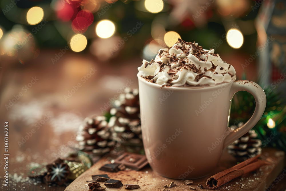 A mug of hot chocolate with whipped cream on top sits on a wooden table A mug of hot chocolate with whipped cream on top sits on a wooden table