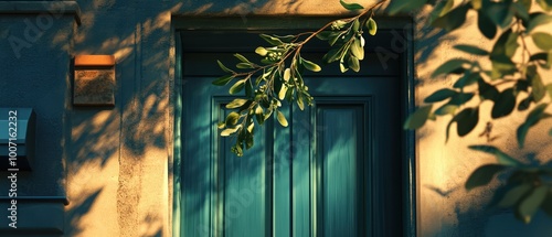 A blue door with a leafy branch hanging over it