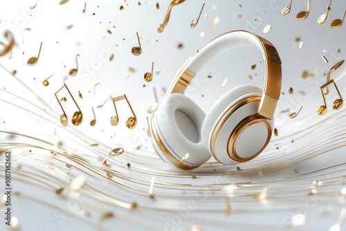 Elegant white and gold headphones with musical notes flying on a white background, symbolizing vibrant sound and the joy of music. photo