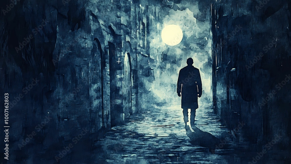 Nightfall Alleyway: A lone figure walks down a mysterious, moonlit alleyway, shrouded in shadows. The evocative artwork suggests intrigue, mystery, and perhaps even danger. Nightfall Alleyway: A lone figure walks down a mysterious, moonlit alleyway, shrouded in shadows. The evocative artwork suggests intrigue, mystery, and perhaps even danger.