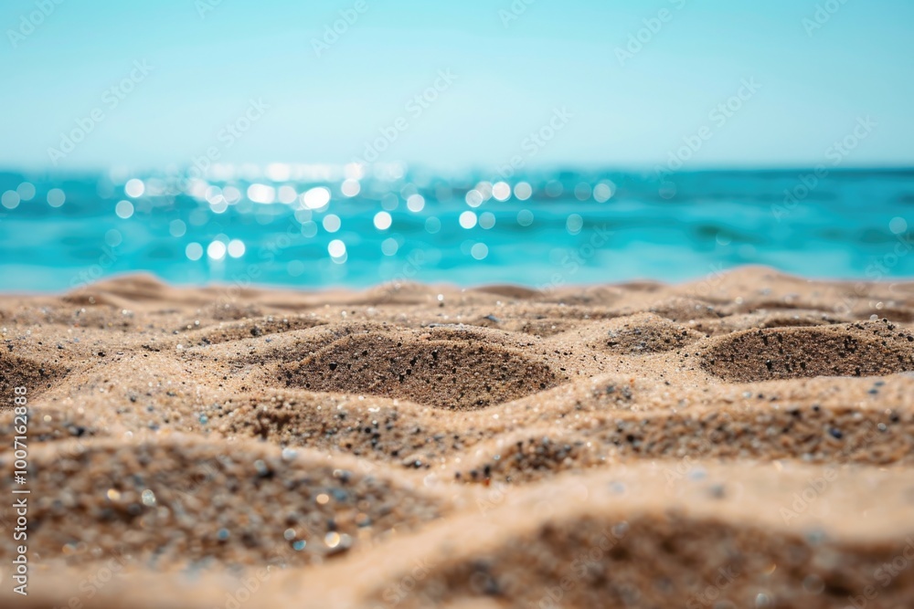 A serene scene of a sandy beach with a beautiful blue ocean in the background A serene scene of a sandy beach with a beautiful blue ocean in the background