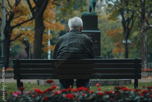 Elderly Man Contemplating at War Memorial in Park on National Day of Mourning