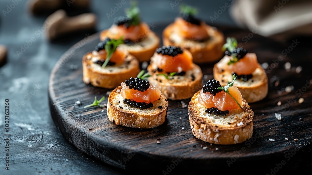 Smoked salmon and caviar canapés on rye bread, arranged on a dark wooden platter with contrasting soft lighting Smoked salmon and caviar canapés on rye bread, arranged on a dark wooden platter with contrasting soft lighting