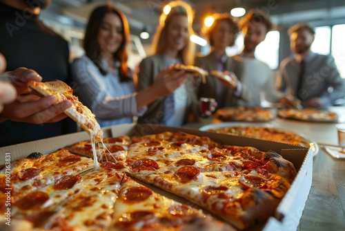 close-up shot of diverse businesspeople taking slices of pizza from a box during an office celebration.
