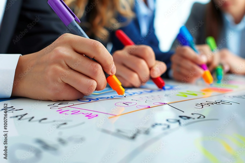 close-up photo of business people's hands holding different markers and writing on a whiteboard. close-up photo of business people's hands holding different markers and writing on a whiteboard.