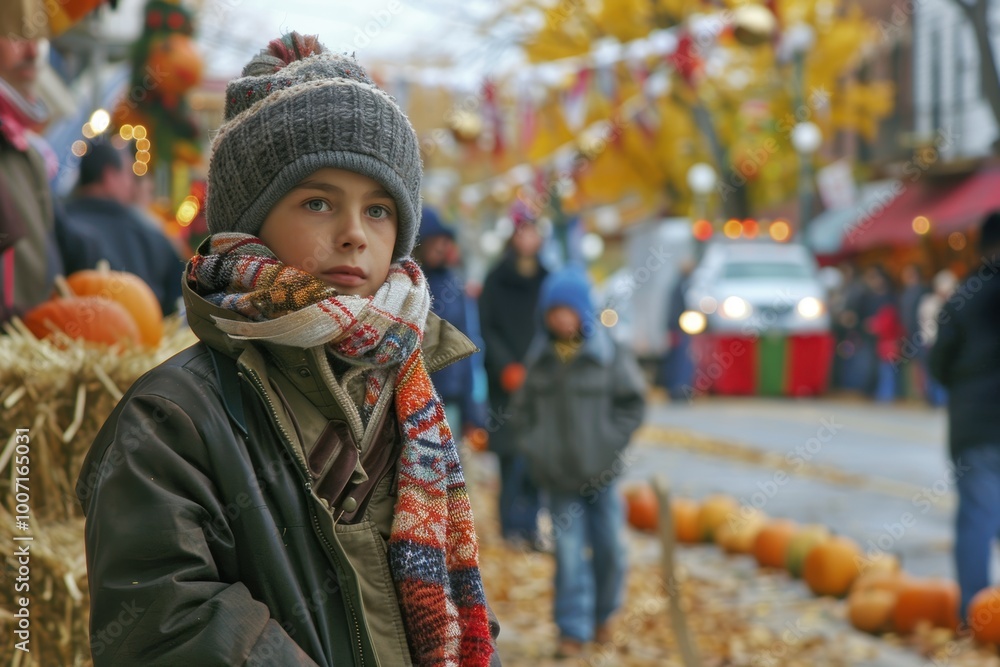 Canadian Thanksgiving Parade with Autumn Decorations and Families in Colorful Scarves and Coats