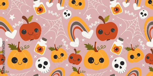 Autumn seamless pattern of cute halloween elements skull, pumpkin, spider, bottle poison. Great for harvest festival cards, invitations, banner, textile - vector design, cartoon style illustration