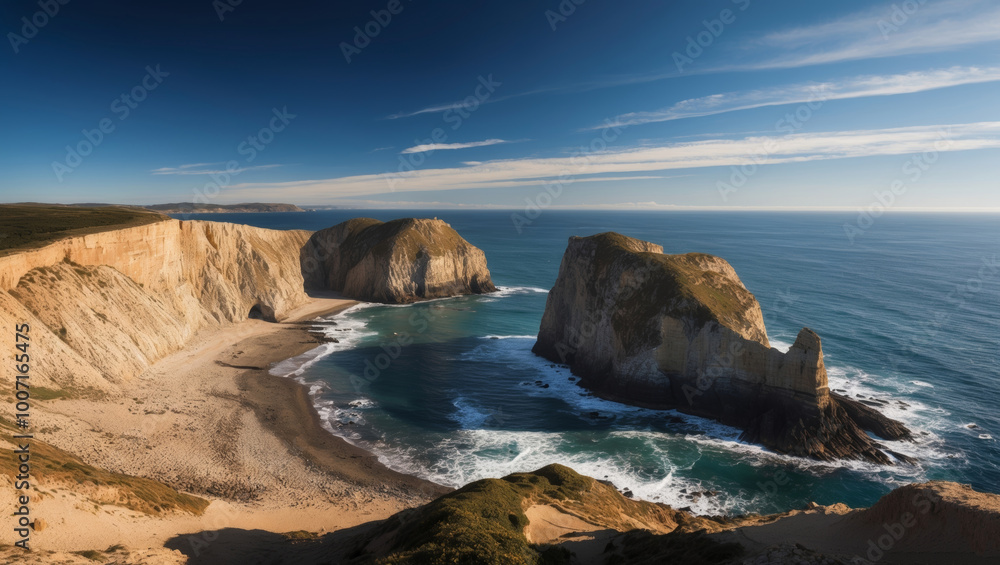 Coastal landscape with a gap in rocky headland. Coastal landscape with a gap in rocky headland.