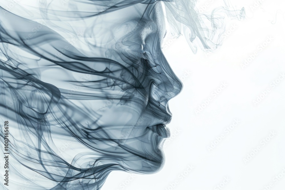 A person's face obscured by thick smoke, could be used for environmental or disaster-related themes A person's face obscured by thick smoke, could be used for environmental or disaster-related themes