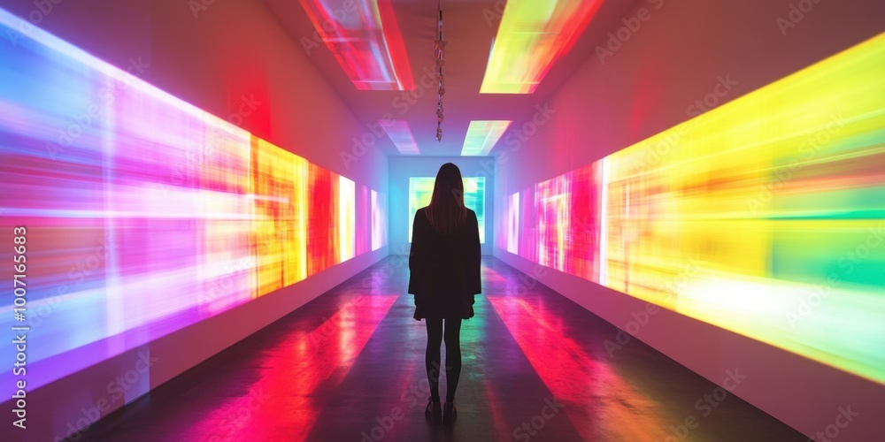 a woman walking through a colorful tunnel a woman walking through a colorful tunnel