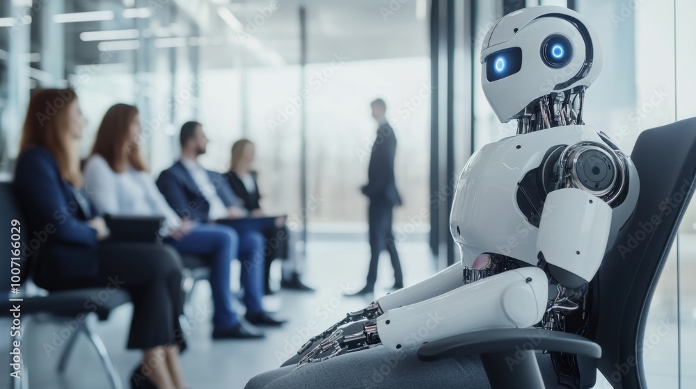 Humanoid AI robot is waiting for a job interview, symbol ofdisplacement of employees by artificial intelligence in global corporations Humanoid AI robot is waiting for a job interview, symbol ofdisplacement of employees by artificial intelligence in global corporations