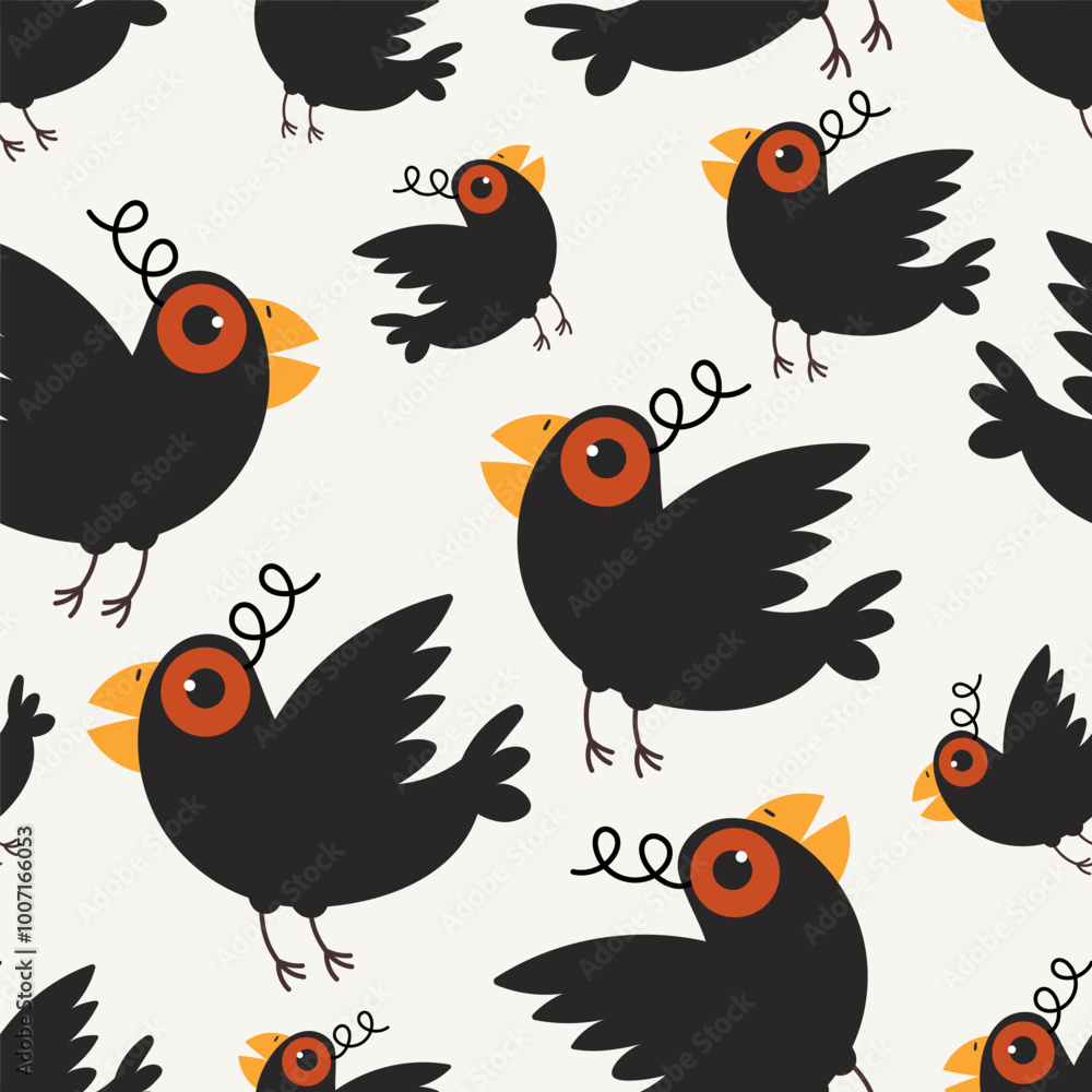 Pattern with black birds. Cute character. Flat style illustration Pattern with black birds. Cute character. Flat style illustration