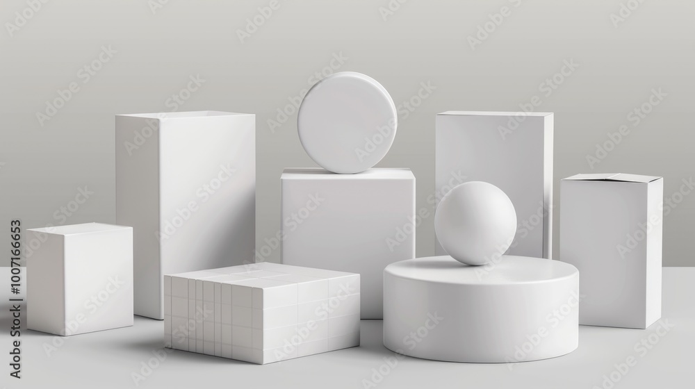 Group of small white containers arranged on a flat surface Group of small white containers arranged on a flat surface
