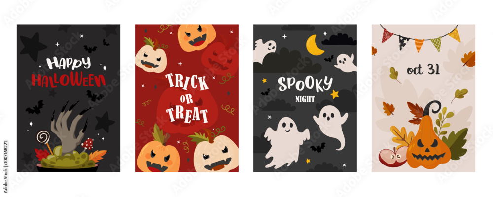 Fototapeta premium Halloween social media template poster for stories, vertical banner. Cute characters. Flat style illustration with cute characters. Vector design for autumn festivities