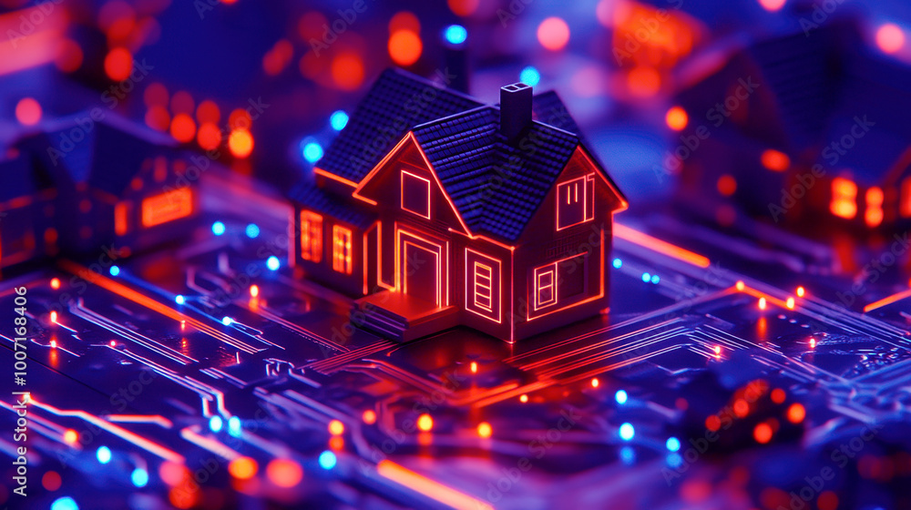 Miniature houses on an electronic circuit board connected by an intelligent cyber network creating a smart city Miniature houses on an electronic circuit board connected by an intelligent cyber network creating a smart city
