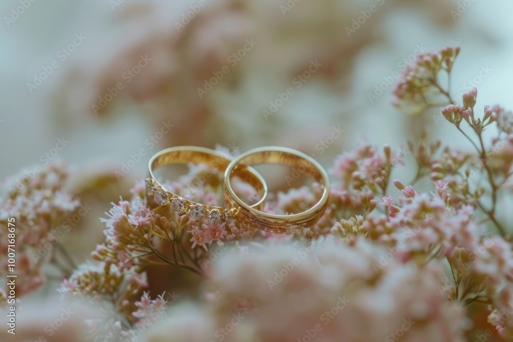 Two wedding rings resting on a bed of flowers, symbolizing love and commitment Two wedding rings resting on a bed of flowers, symbolizing love and commitment