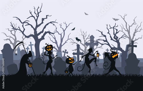 Vector background on the theme of Halloween celebration. Silhouettes of tombstones and monsters in the ominous atmosphere of the twilight cemetery