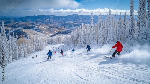 Winter Ski Resort high quality photo. Mountains and forest trees, vail snowy landscape. Family holidays vacation background. photo