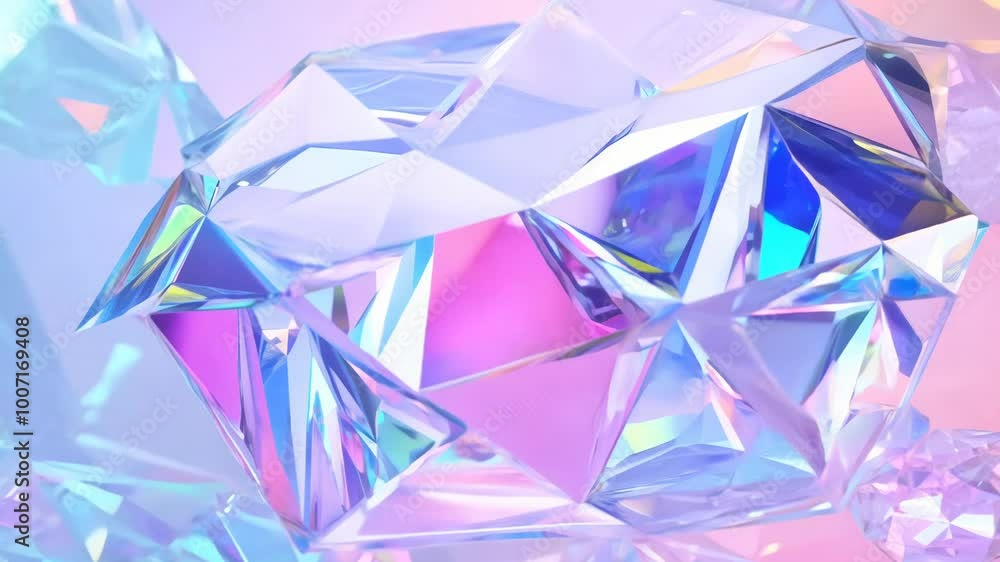 Abstract holographic crystal shapes in motion on iridiscent violet background Abstract holographic crystal shapes in motion on iridiscent violet background