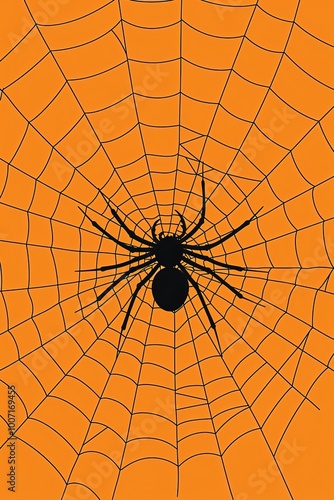 Black spider on a web against an orange background, symbolizing Halloween fear