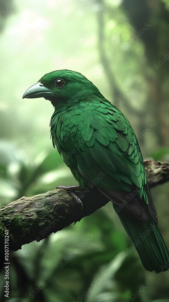 Obraz premium Green Broadbill Bird Perched on a Branch in Nature, Photo Realistic, Wallpaper, Cover and Screen for Smartphone, PC, Laptop, 9:16 and 16:9 Format