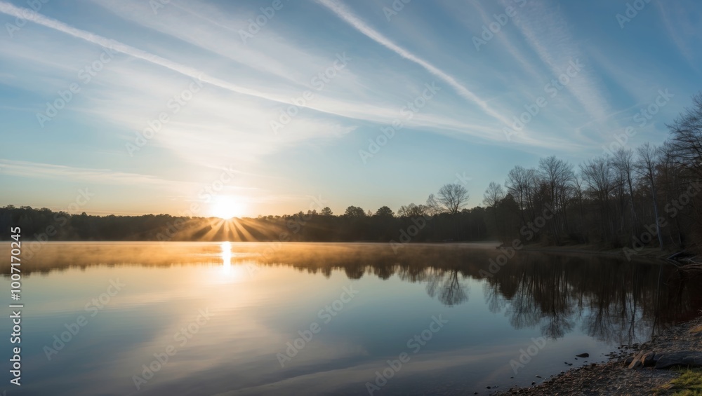 Fototapeta premium Breathtaking Sunrise Reflected Over Serene Lake Symbolizing New Beginnings and Fresh Starts.