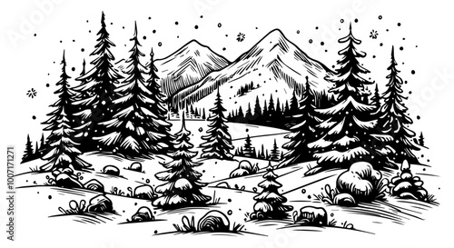 winter forest landscape with snow-covered trees and mountains black vector