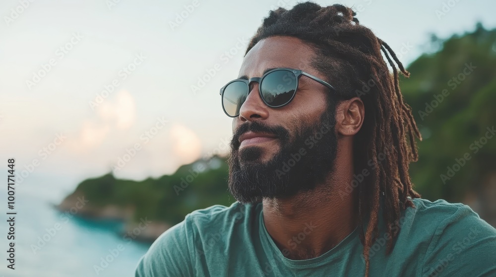 A stylish man with a beard and sunglasses looks out over the sea against a scenic backdrop, embodying relaxation and leisure, while exuding a cool demeanor. A stylish man with a beard and sunglasses looks out over the sea against a scenic backdrop, embodying relaxation and leisure, while exuding a cool demeanor.