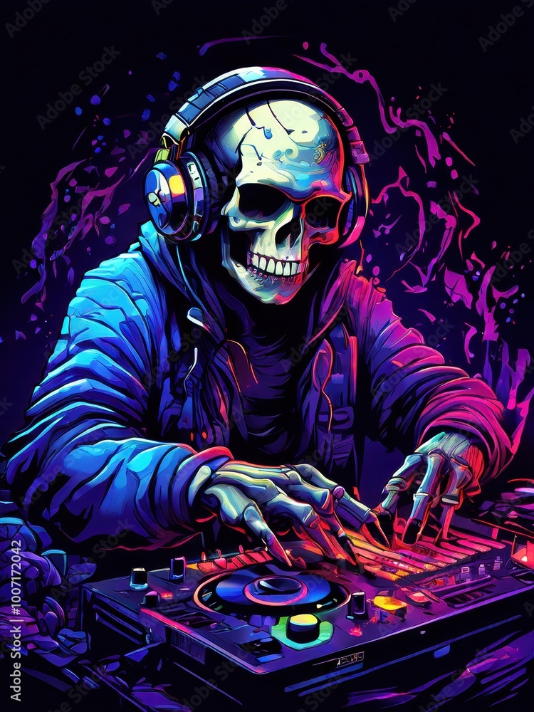 A skeleton DJ in headphones mixes music, surrounded by vibrant colors and abstract designs.