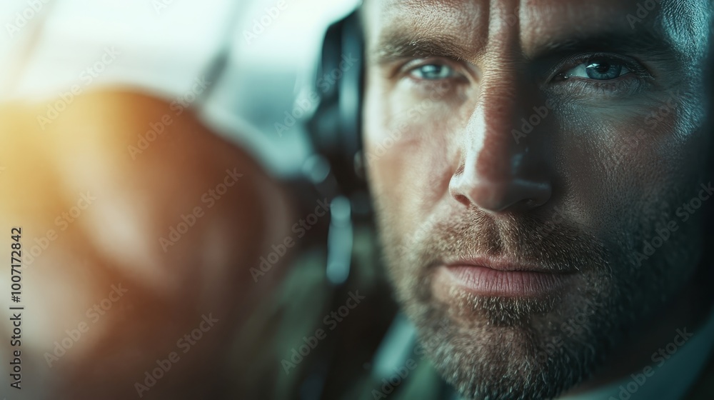 A determined pilot wearing headphones concentrates on his tasks within the cockpit. His diligent demeanor highlights the seriousness of operating an aircraft. A determined pilot wearing headphones concentrates on his tasks within the cockpit. His diligent demeanor highlights the seriousness of operating an aircraft.