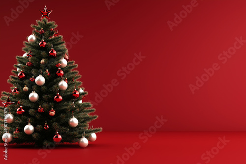 Beautifully decorated Christmas tree with lights and red ornaments against red background for traditional festive or holiday decoration concepts