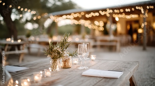 An enchanting outdoor dining setup featuring a rustic wooden table adorned with candles and greenery, set on a patio illuminated by twinkling string lights.