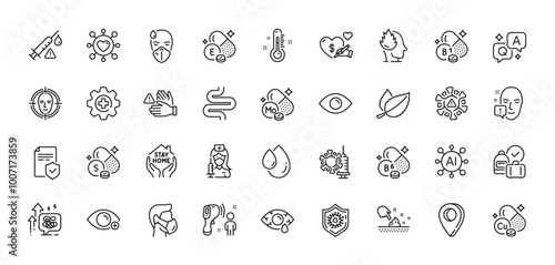 Thermometer, Medicine and Farsightedness line icons pack. AI, Question and Answer, Map pin icons. Molybdenum mineral, Oil drop, Vitamin b6 web icon. Vector