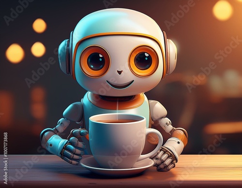 Cute Cartoon Robot Drinking a Cup of Coffee photo