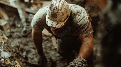 A construction worker wearing safety gear is moving through a muddy site, showcasing determination and grit during a challenging workday in rough conditions. photo