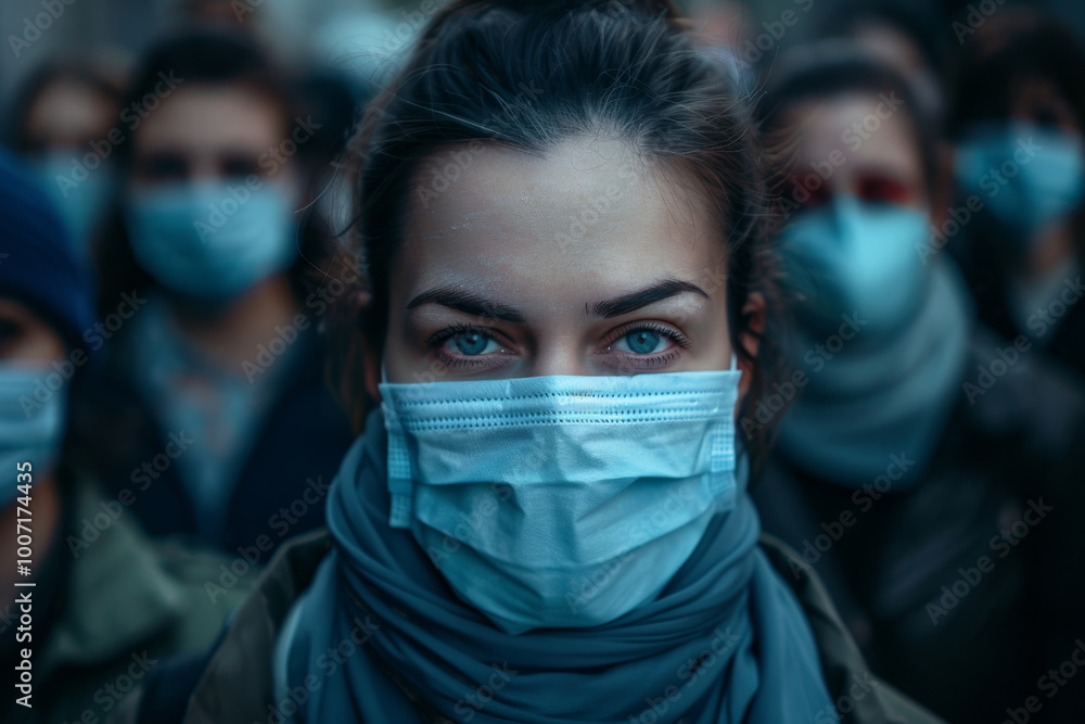 A woman wearing a blue mask stands in front of a crowd of people A woman wearing a blue mask stands in front of a crowd of people